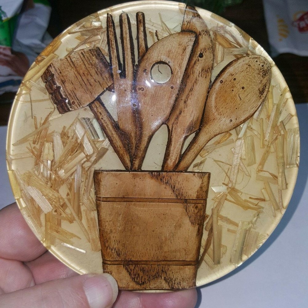Vintage Retro Colorflo Lucite Resin Wood Utensil Holder Trivet Wood California